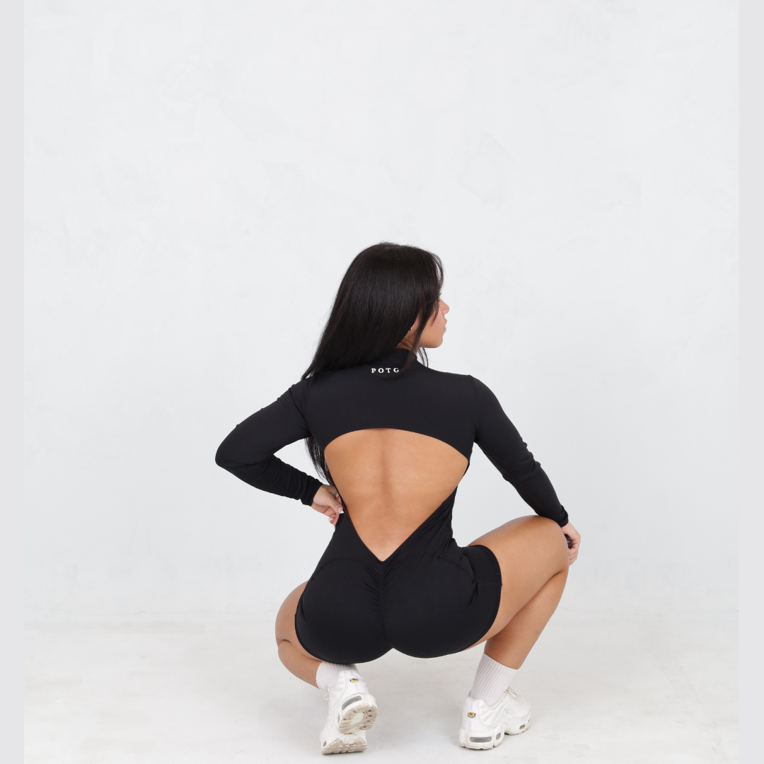Black Long Sleeve Open Back Romper