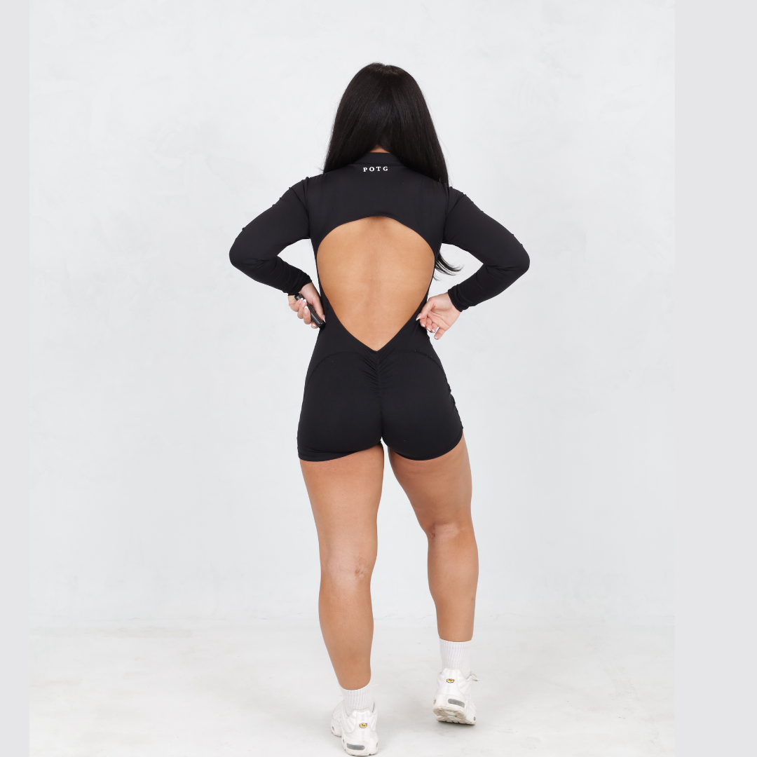 Black Long Sleeve Open Back Romper