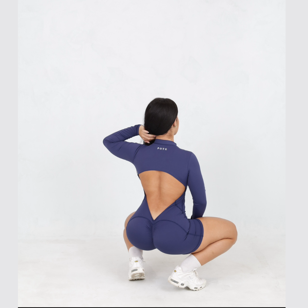 Blue Long Sleeve Open Back Romper