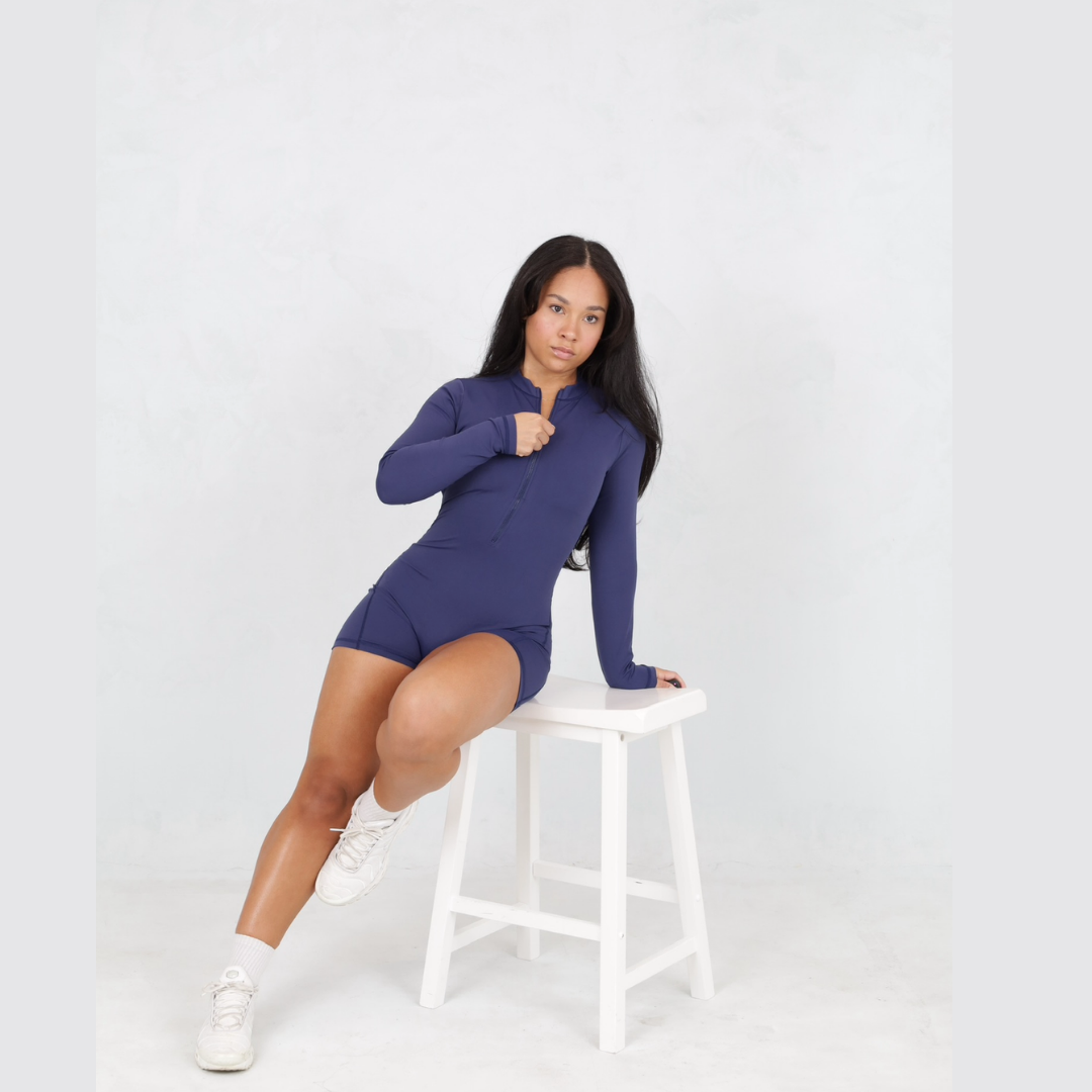 Blue Long Sleeve Open Back Romper